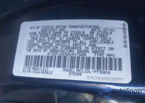 2002 Toyota Sienna Xle z USA, uszkodzony, nr VIN 4T3ZF13CX2U417528